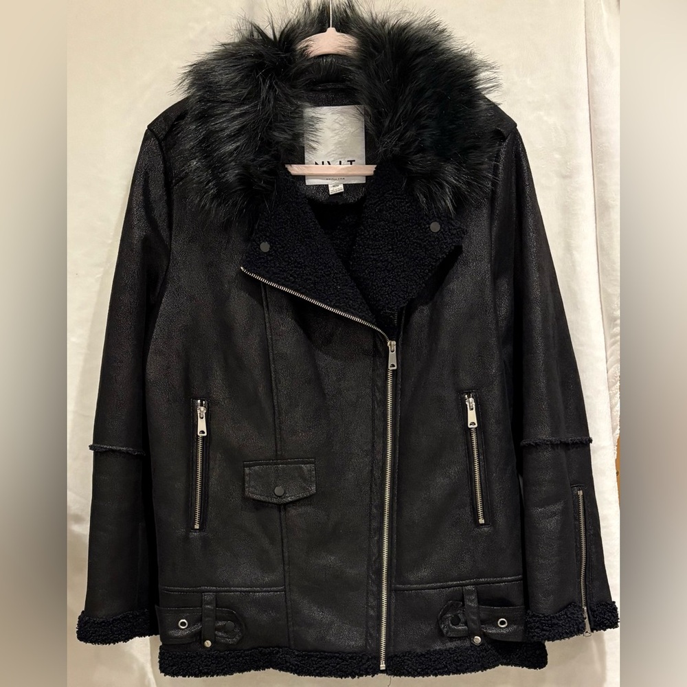 NVLT  Black Suede Sherpa Fur Lined Aviator Moto Jacket Size M